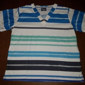 Butter-soft women's scrub top size large. Blue, green and gray stripes.